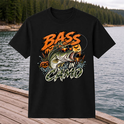 Bass in Camo Halloween Pumpkin Bass Fishing Graphic T-Shirt