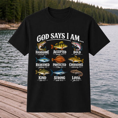 God Says I Am Christian Fish and Bible Verse Fishing Graphic T-Shirt