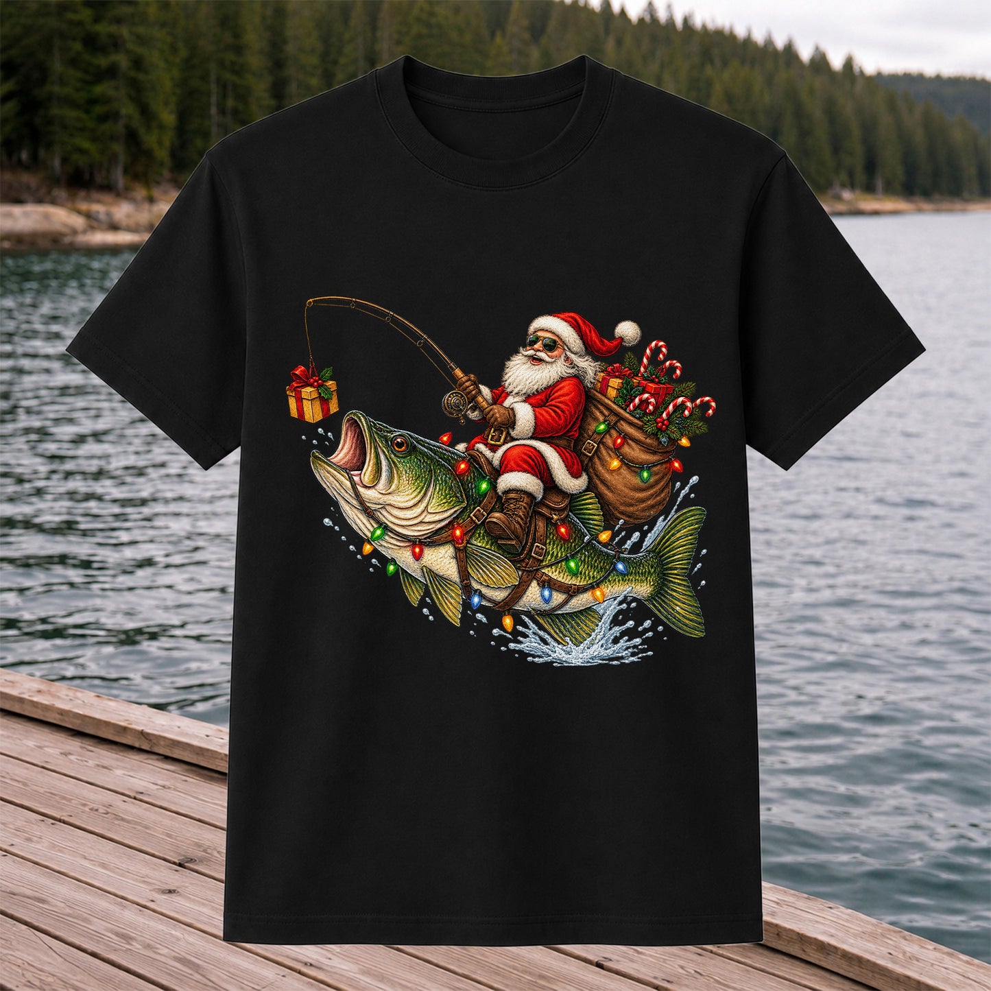 Santa Riding a Largemouth Bass Christmas Fishing Graphic T-Shirt