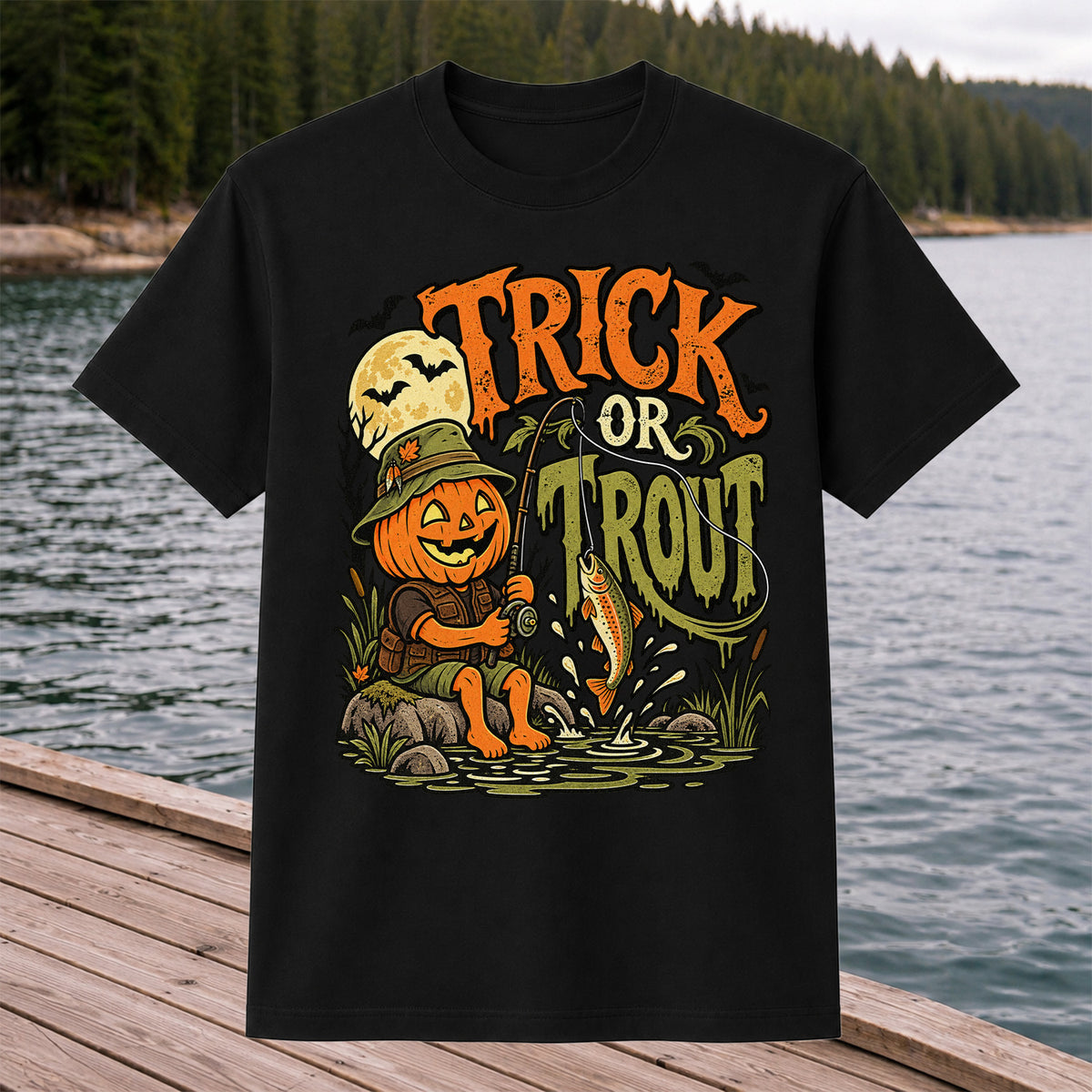 Trick or Trout Pumpkin Angler Halloween Fishing T-Shirt