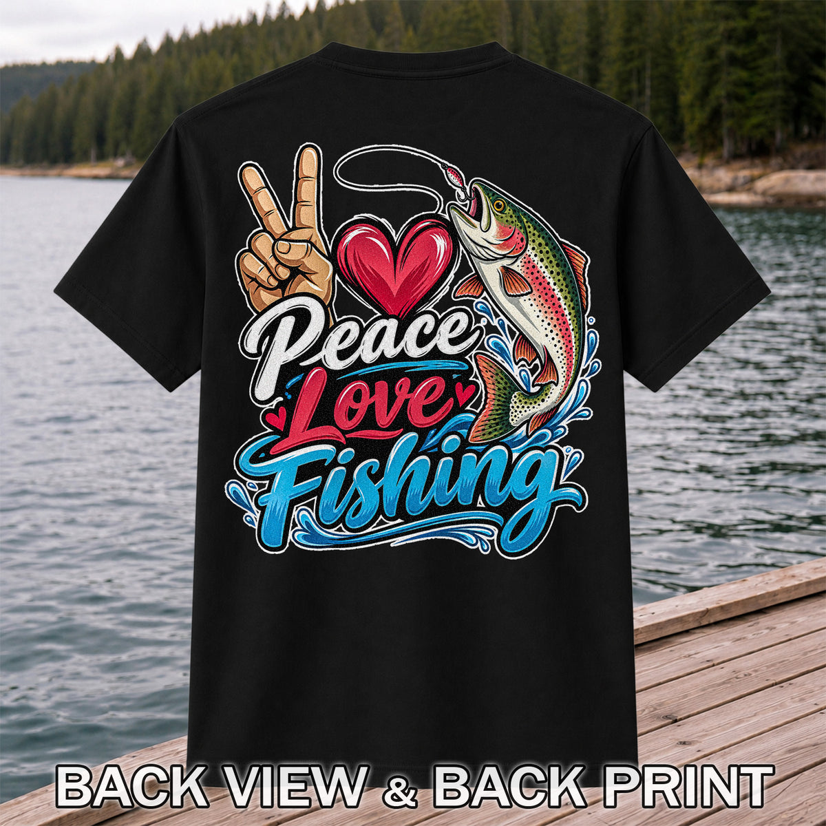 Peace Love Fishing Rainbow Trout and Heart Graphic T-Shirt | Back Print