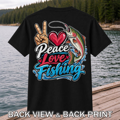 Peace Love Fishing Rainbow Trout and Heart Graphic T-Shirt | Back Print