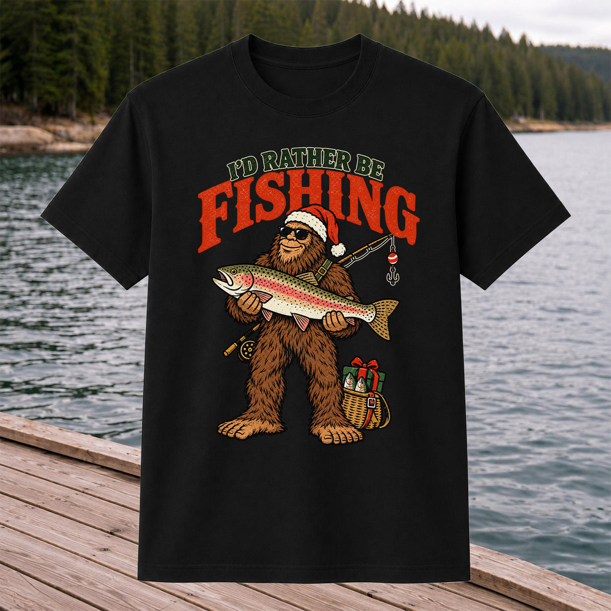 I'd Rather Be Fishing Bigfoot Holding Rainbow Trout Christmas T-Shirt