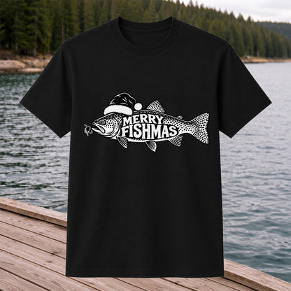 Merry Fishmas Black and White Trout Christmas Fishing T-Shirt
