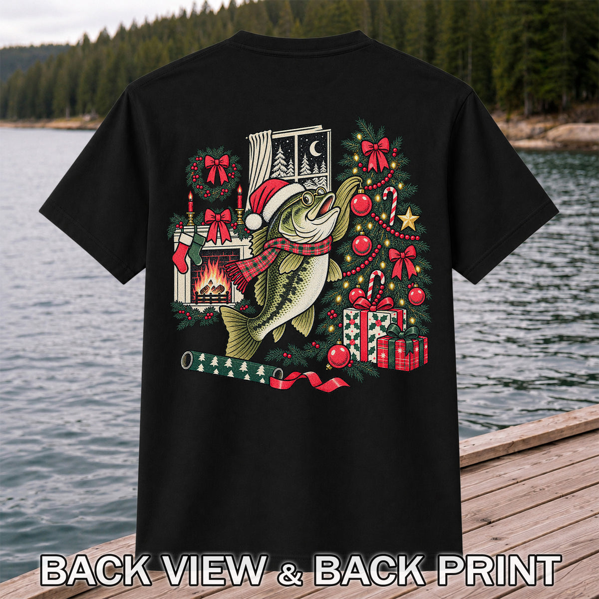 Christmas Bass Fishing Fireplace Tree Graphic T-Shirt | Back Print