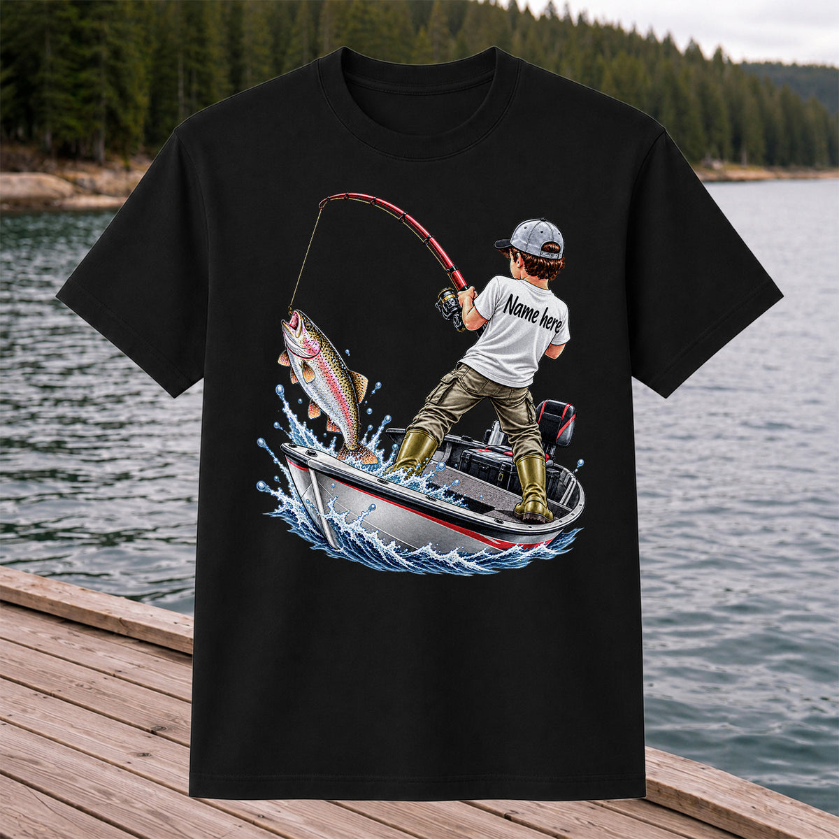 Personalized Boy Fishing Boat and Rainbow Trout Graphic T-Shirt