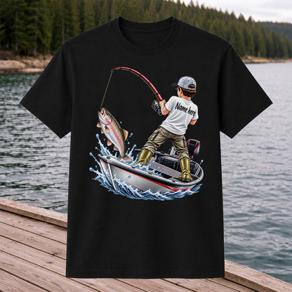 Personalized Boy Fishing Boat and Rainbow Trout Graphic T-Shirt