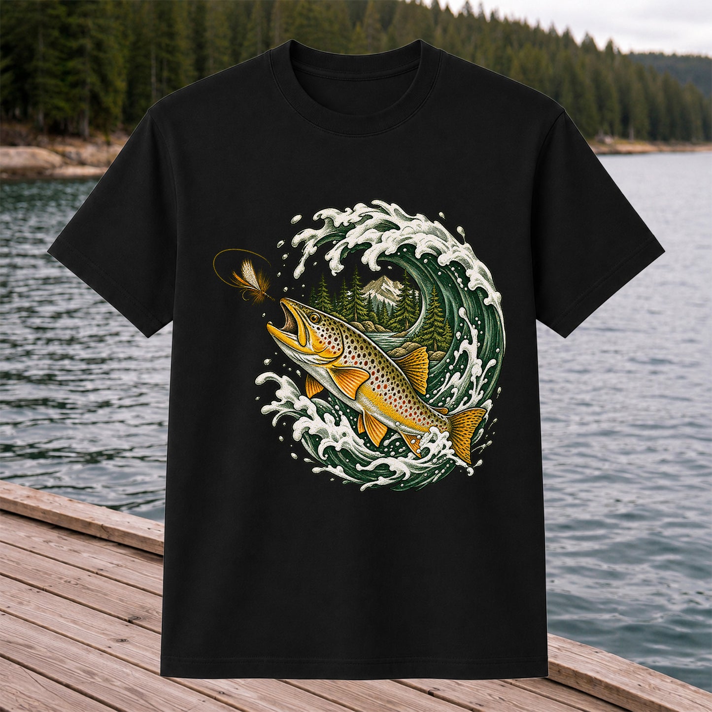 Brown Trout Chasing a Fly Through a Mountain Wave Graphic T-Shirt
