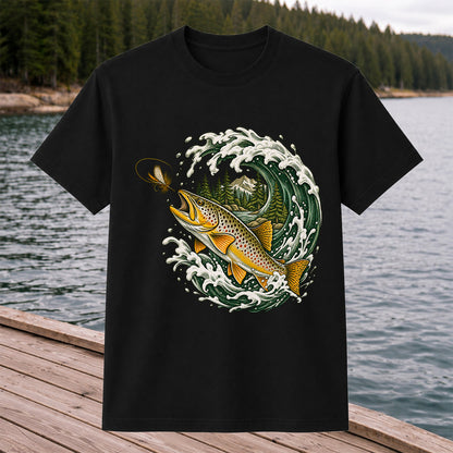 Brown Trout Chasing a Fly Through a Mountain Wave Graphic T-Shirt
