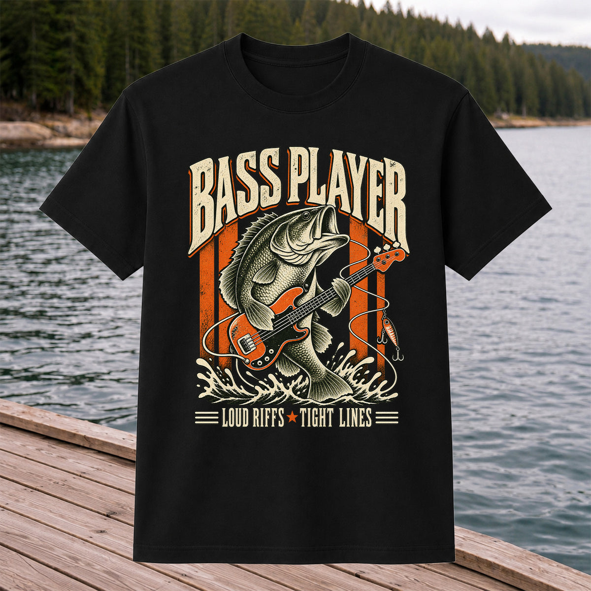 Bass Playing Guitar Vintage Fishing Graphic T-Shirt