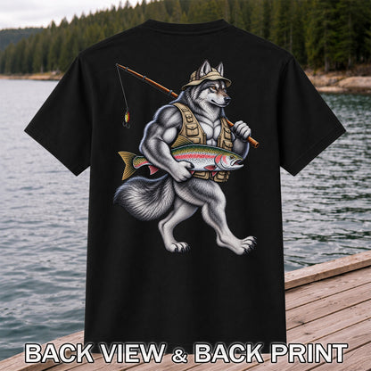 Wolf Angler Holding Rainbow Trout Fishing Graphic T-Shirt | Back Print