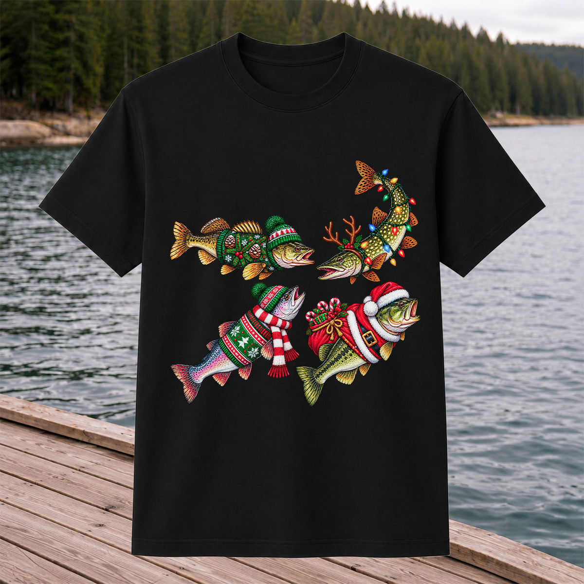 Festive Christmas Fish Wearing Holiday Sweaters Fishing T-Shirt