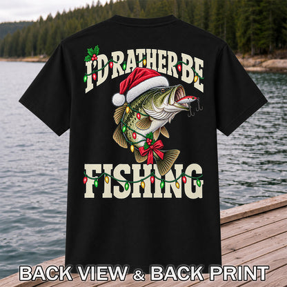 Santa Hat Bass Christmas Fishing Graphic T-Shirt | Back Print
