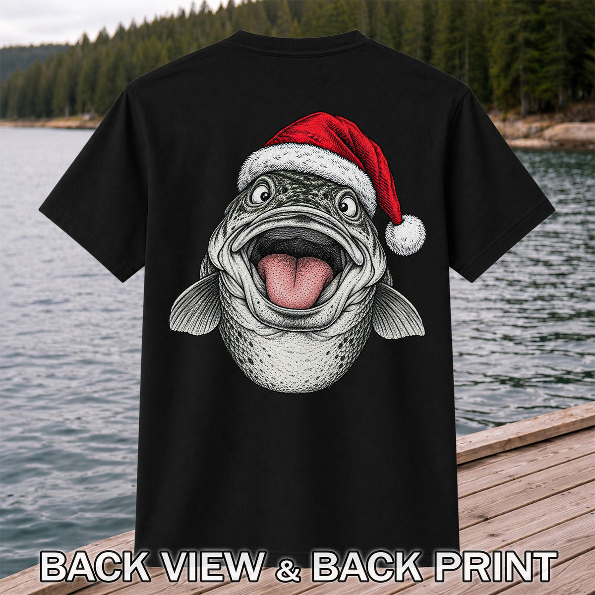 Funny Santa Hat Trout Christmas Fishing Graphic T-Shirt | Back Print