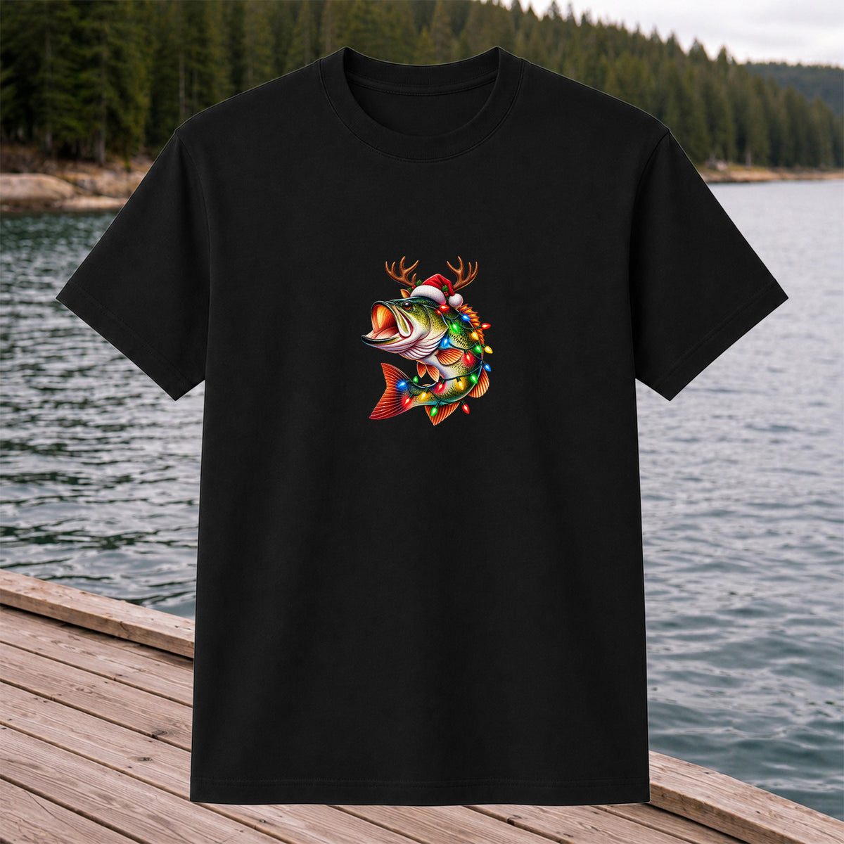 Christmas Bass with Santa Hat, Antlers and Holiday Lights Fishing T-Shirt