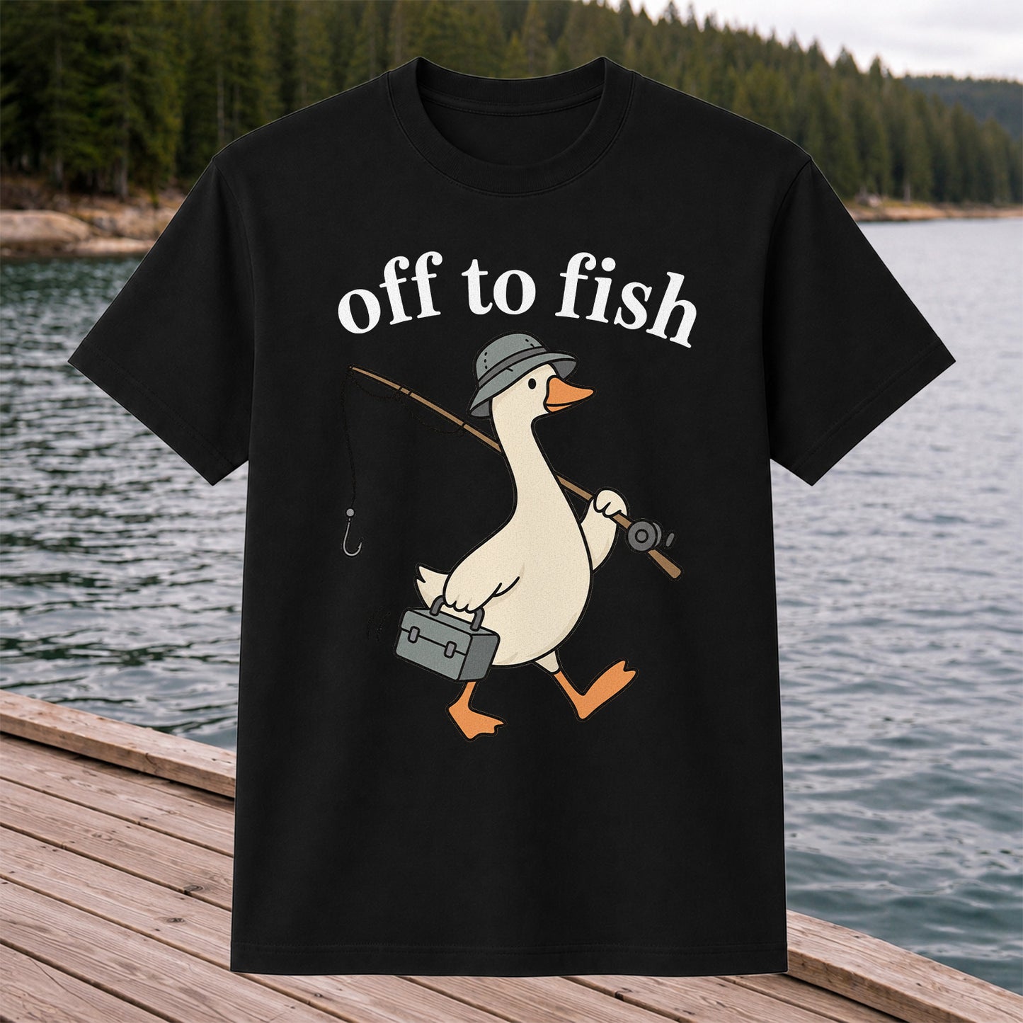 Off to Fish Funny Fishing Goose Graphic T-Shirt