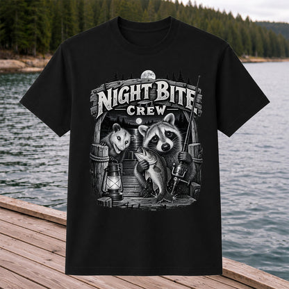 Night Bite Crew Raccoon and Bass Fishing Graphic T-Shirt