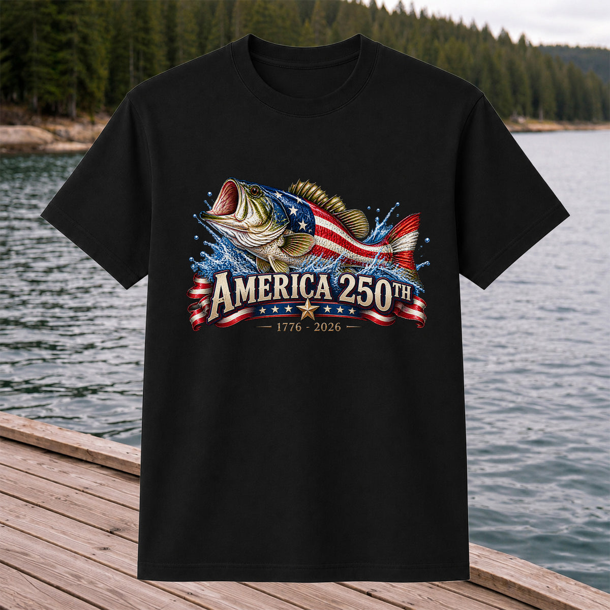 America 250th 1776–2026 American Flag Bass Fishing T-Shirt