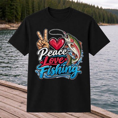Peace Love Fishing Rainbow Trout and Heart Graphic T-Shirt