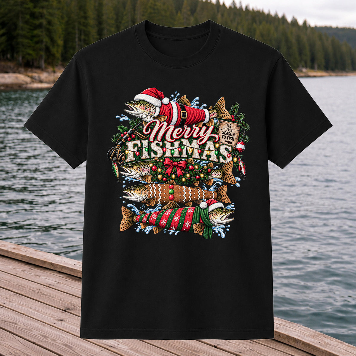 Merry Fishmas Tis the Season to Fish Christmas Trout T-Shirt