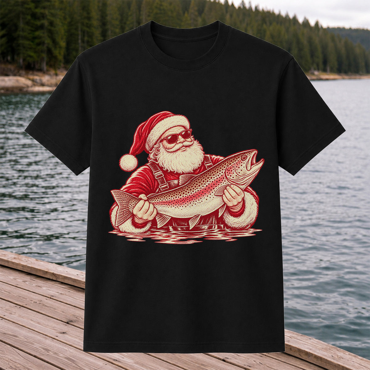 Santa Holding Trout Christmas Fishing Graphic T-Shirt