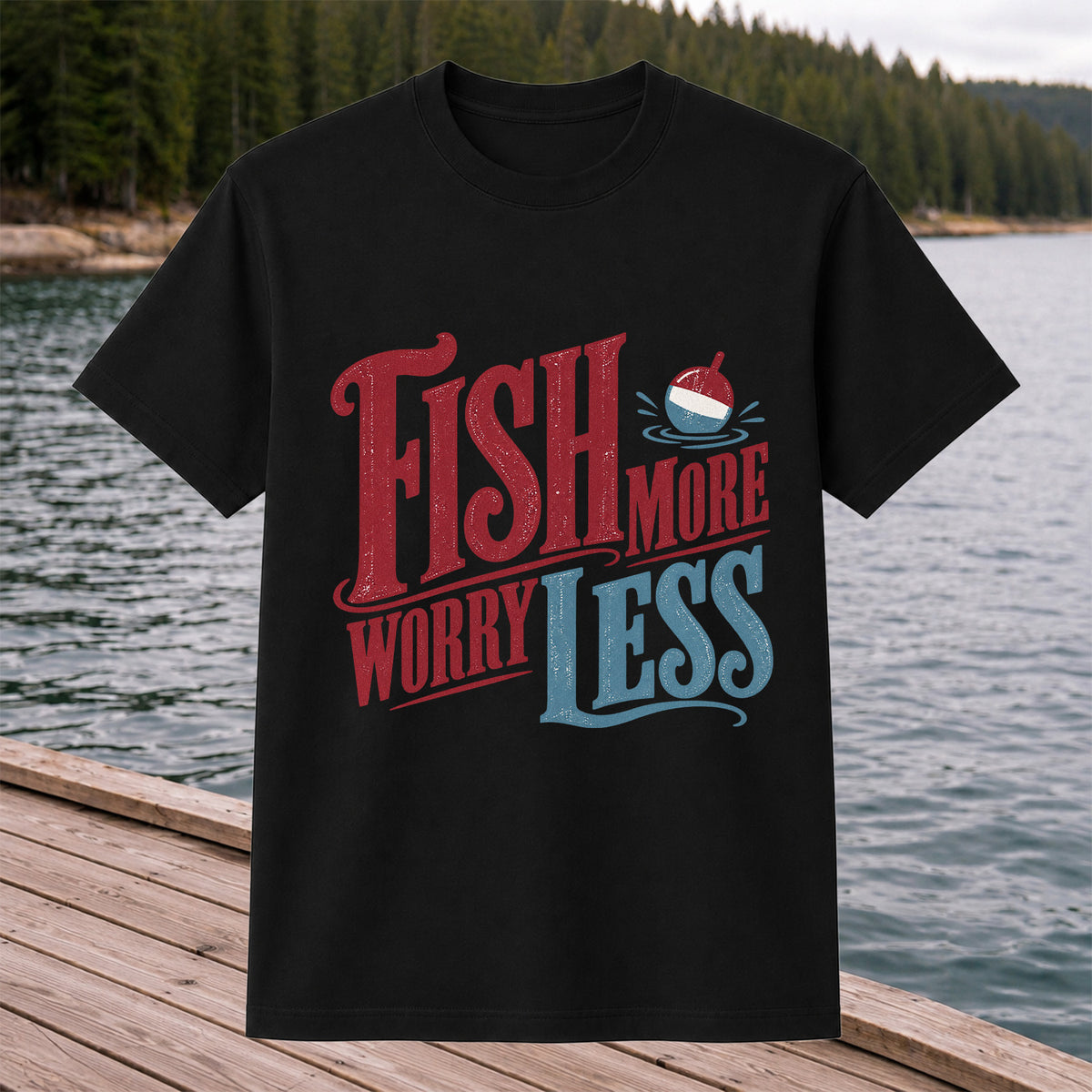 Fish More Worry Less Vintage Bobber Fishing Graphic T-Shirt
