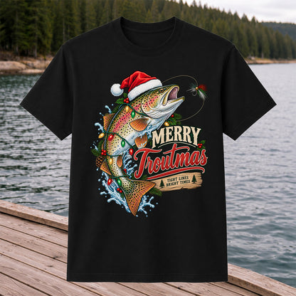 Merry Troutmas Tight Lines Bright Times Santa Hat Rainbow Trout Fishing T-Shirt
