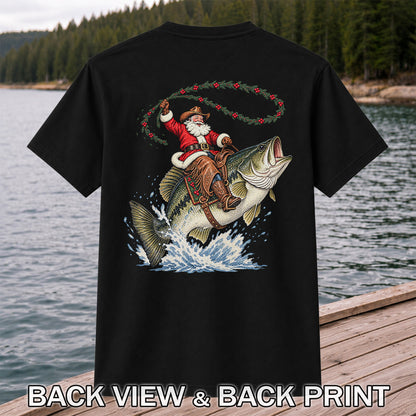 Cowboy Santa Riding a Jumping Bass Christmas Fishing Graphic T-Shirt | Back Print