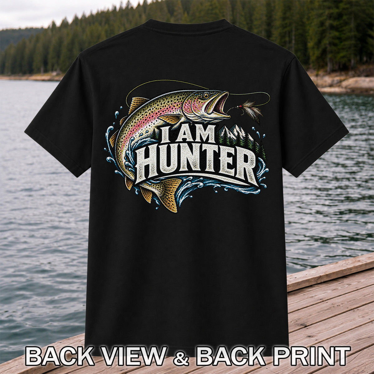 I Am Hunter Rainbow Trout Fly Fishing Mountain Graphic T-Shirt | Back Print
