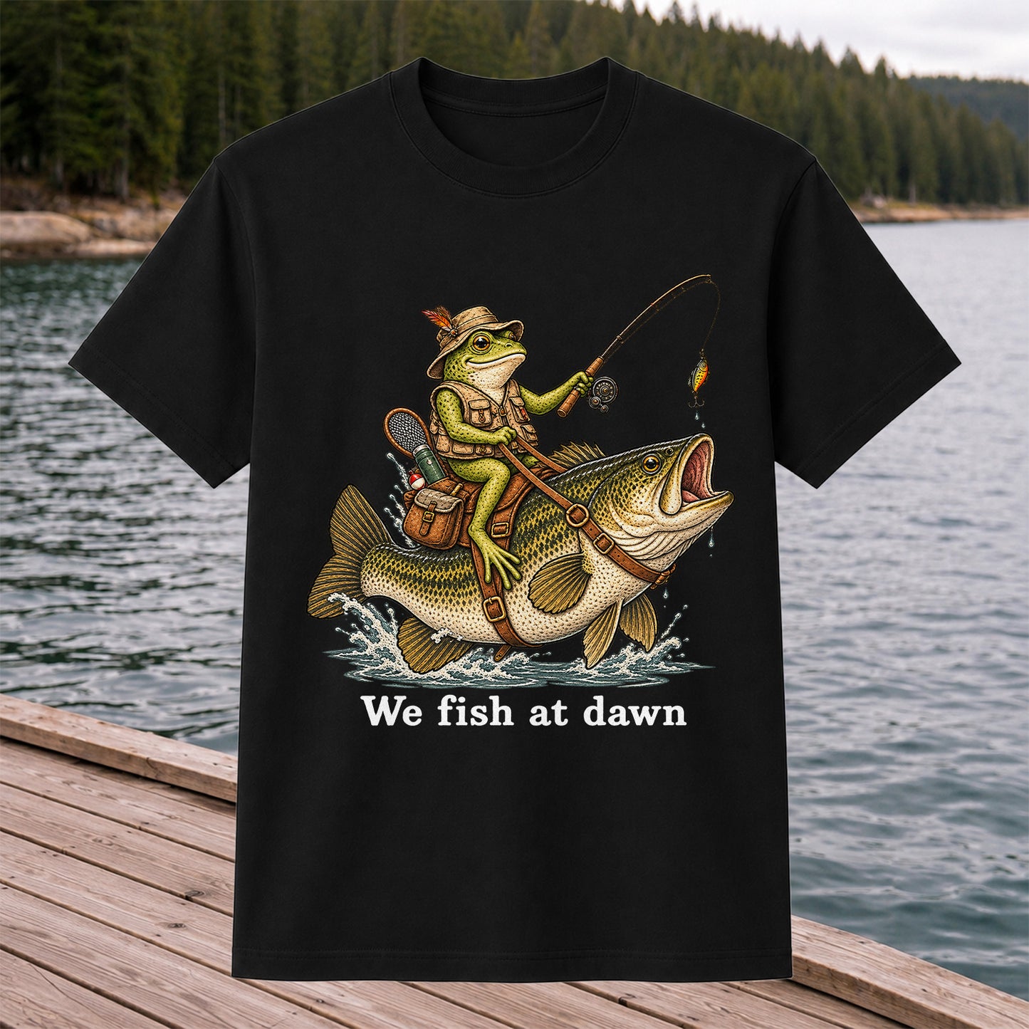 We Fish at Dawn Frog Riding Largemouth Bass Funny Fishing T-Shirt