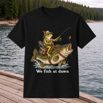 We Fish at Dawn Frog Riding Largemouth Bass Funny Fishing T-Shirt