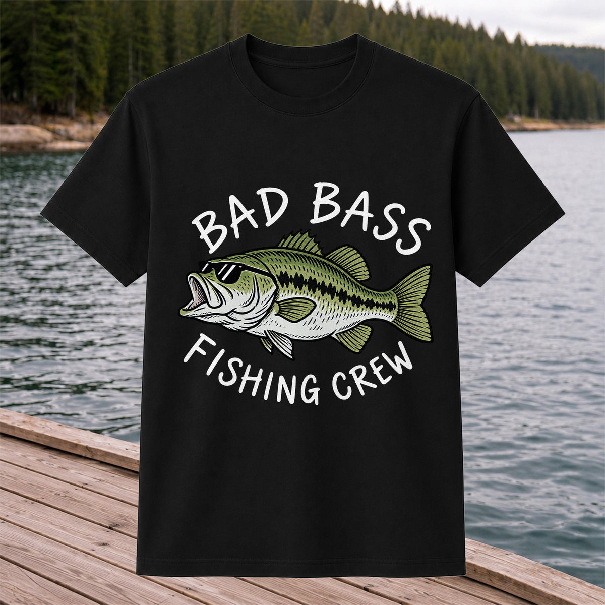 Bad Bass Fishing Crew Funny Graphic T-Shirt