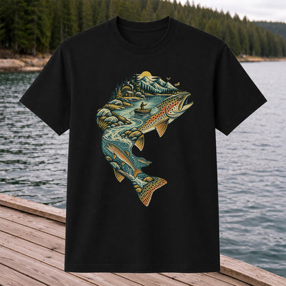 Vintage Brown Trout Mountain River Fly Fishing Graphic T-Shirt