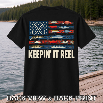 Keepin' It Reel American Flag Fishing Lures Graphic T-Shirt | Back Print