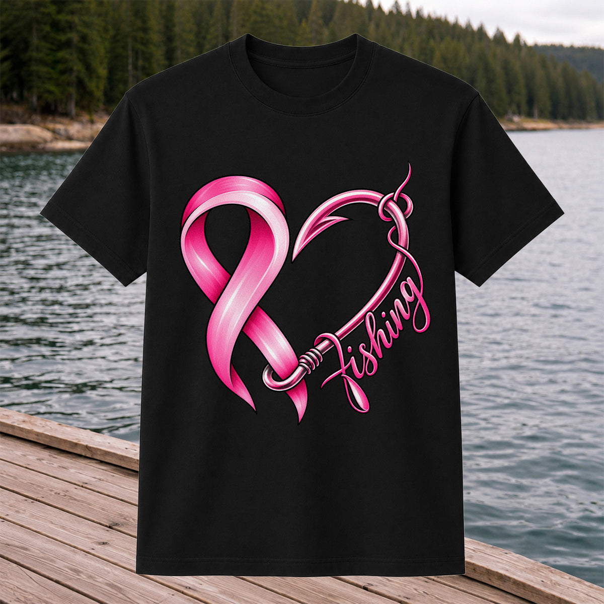 Pink Ribbon Heart Fish Hook Fishing Graphic T-Shirt