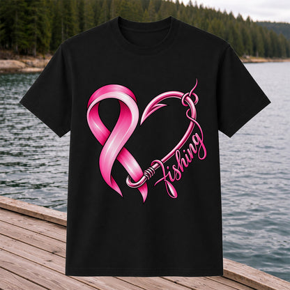 Pink Ribbon Heart Fish Hook Fishing Graphic T-Shirt