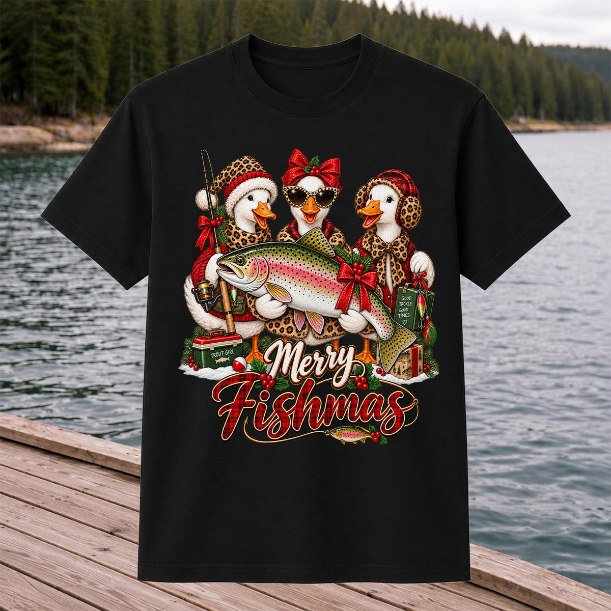 Merry Fishmas Christmas Ducks with Rainbow Trout Fishing T-Shirt
