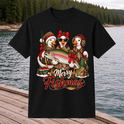 Merry Fishmas Christmas Ducks with Rainbow Trout Fishing T-Shirt