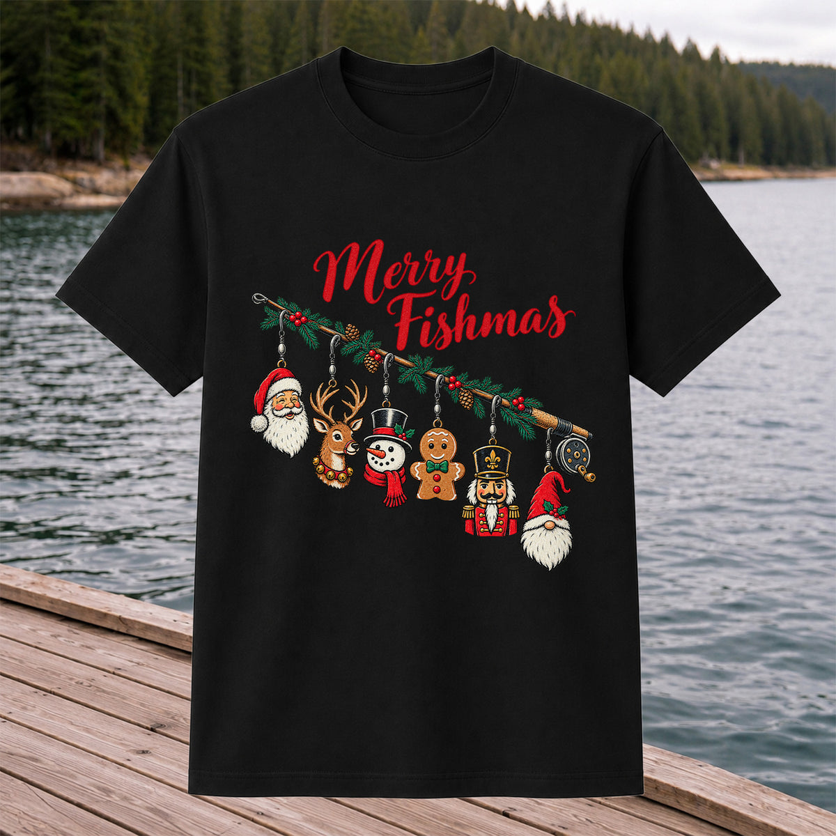 Christmas Fishing Rod Ornaments Holiday Graphic T-Shirt