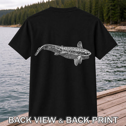 Black and White Trout Line Art Fishing Graphic T-Shirt | Back Print