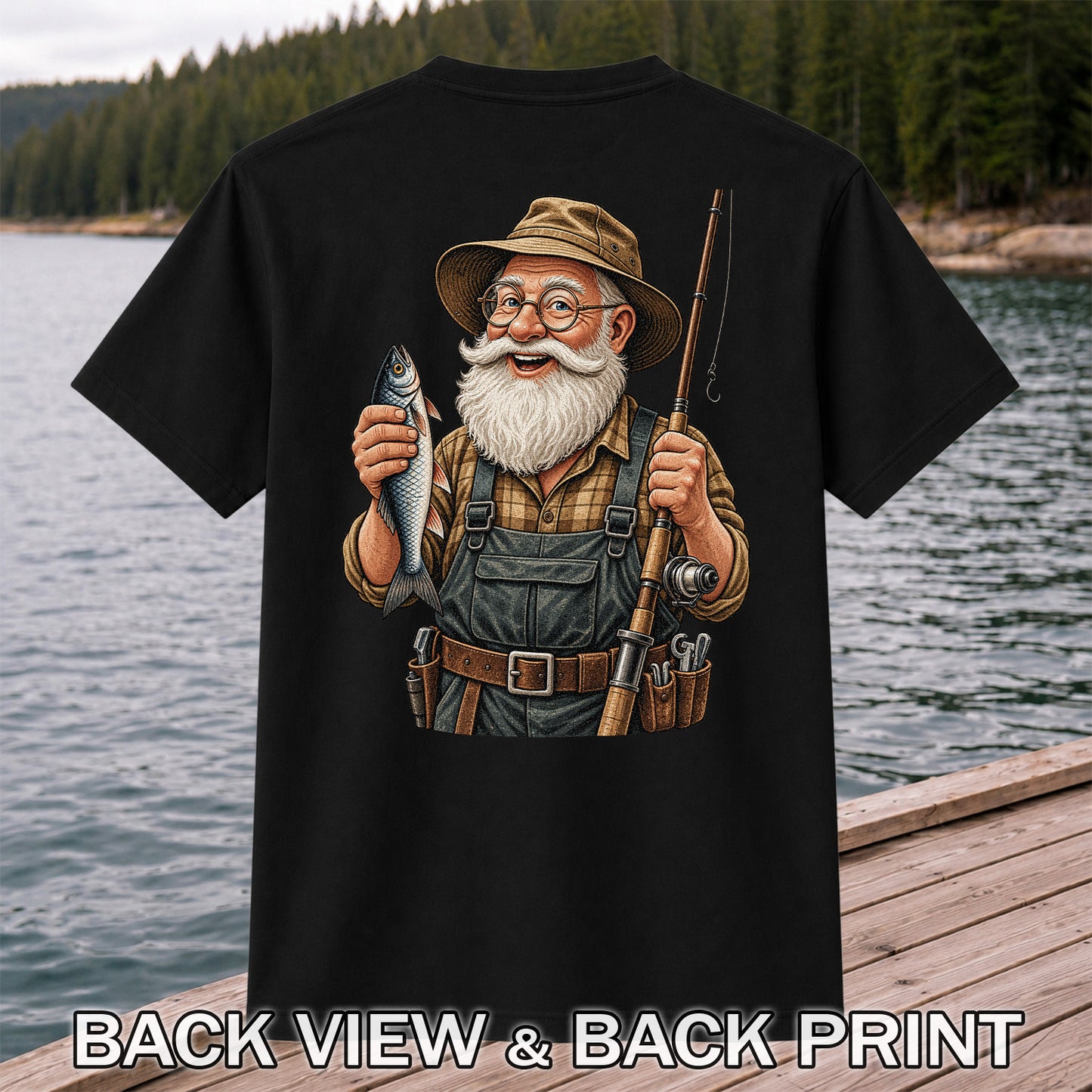 Bearded Angler Holding a Fish and Fishing Rod Graphic T-Shirt | Back Print