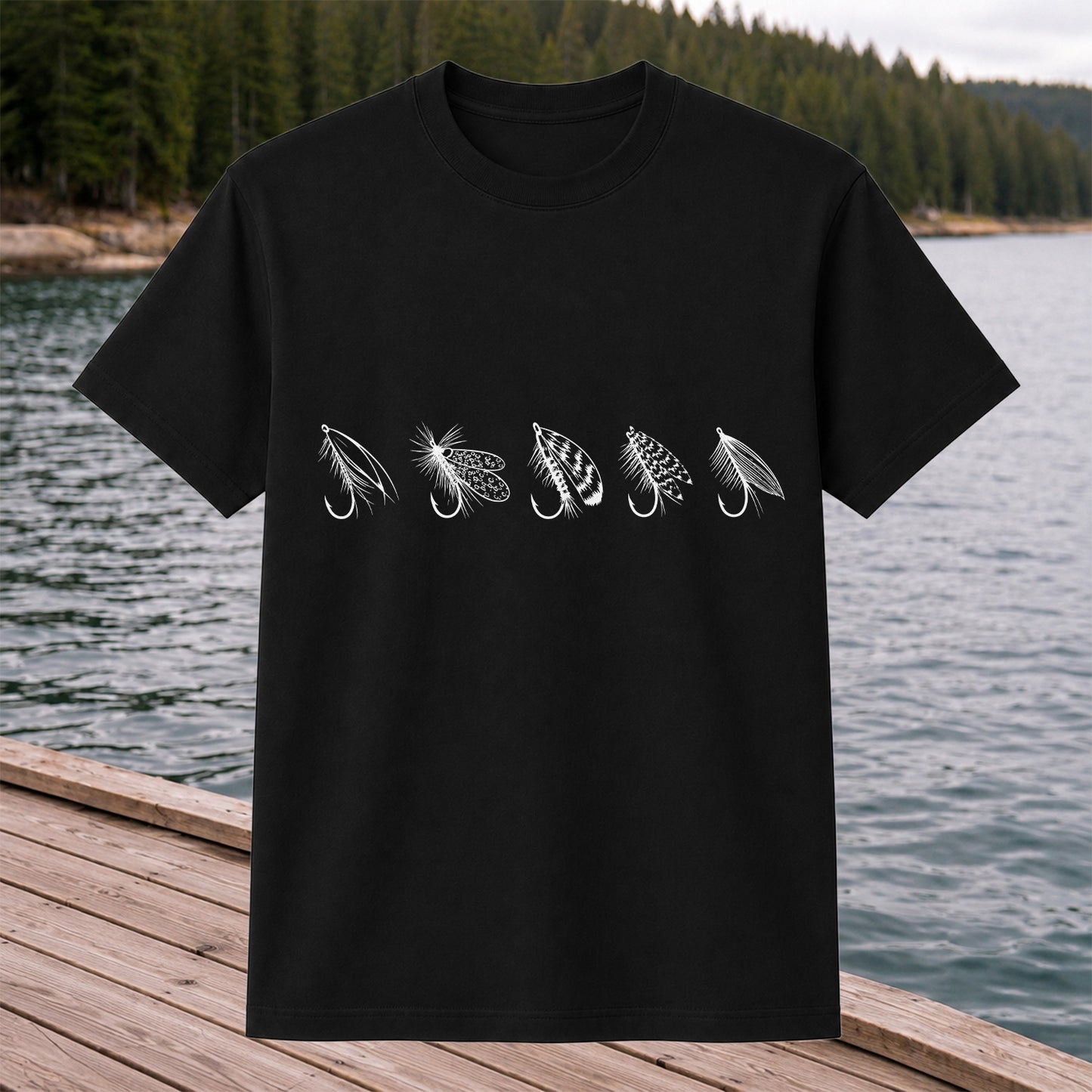 Five Fly Fishing Lures Minimalist Line Art T-Shirt