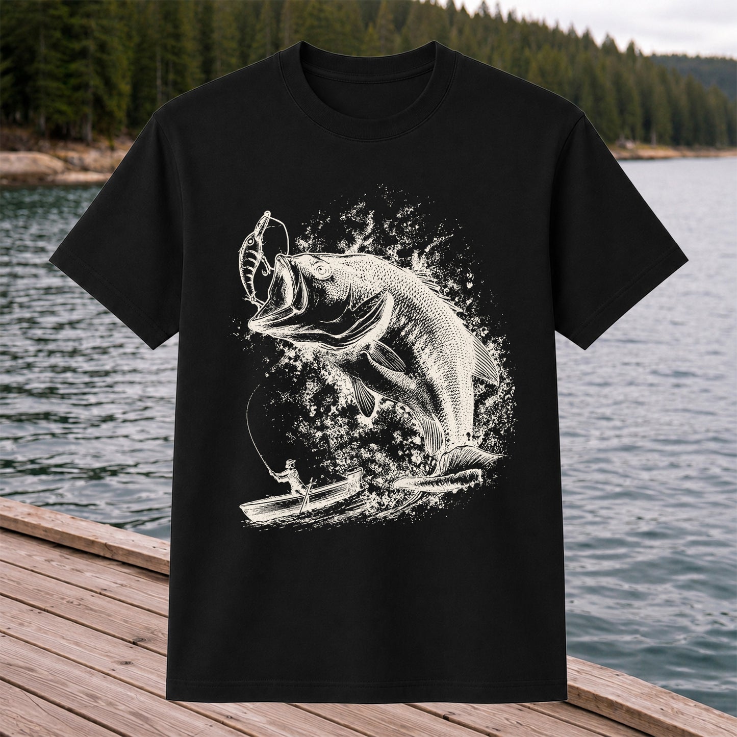 Largemouth Bass Striking Lure from Fishing Boat Graphic T-Shirt