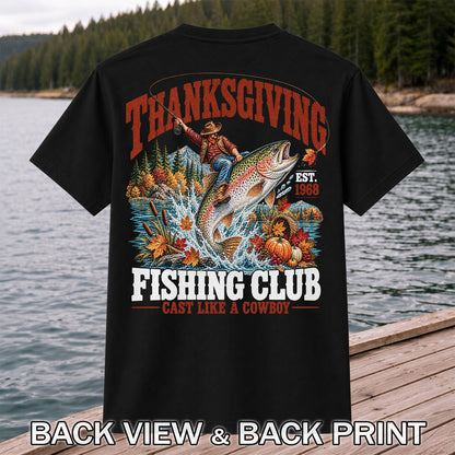 Thanksgiving Cowboy Trout Fishing Club Graphic T-Shirt | Back Print