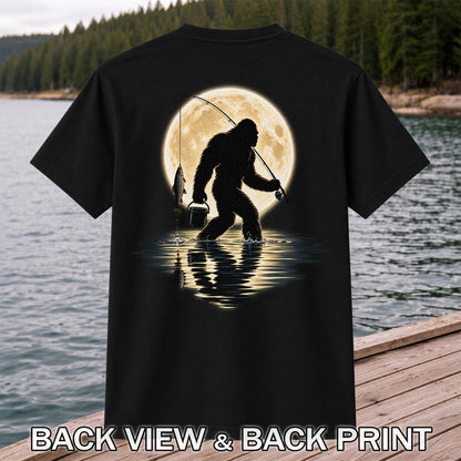 Bigfoot Fishing Under a Full Moon Graphic T-Shirt | Back Print