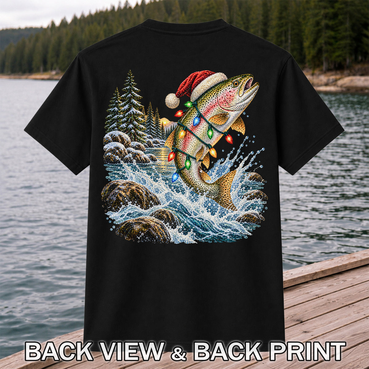 Santa Hat Rainbow Trout Christmas Fishing Graphic T-Shirt | Back Print
