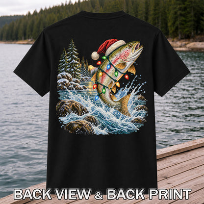 Santa Hat Rainbow Trout Christmas Fishing Graphic T-Shirt | Back Print