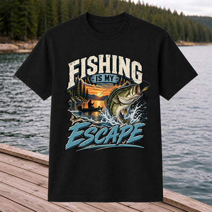 Fishing Is My Escape Jumping Bass and Sunset Lake Graphic T-Shirt