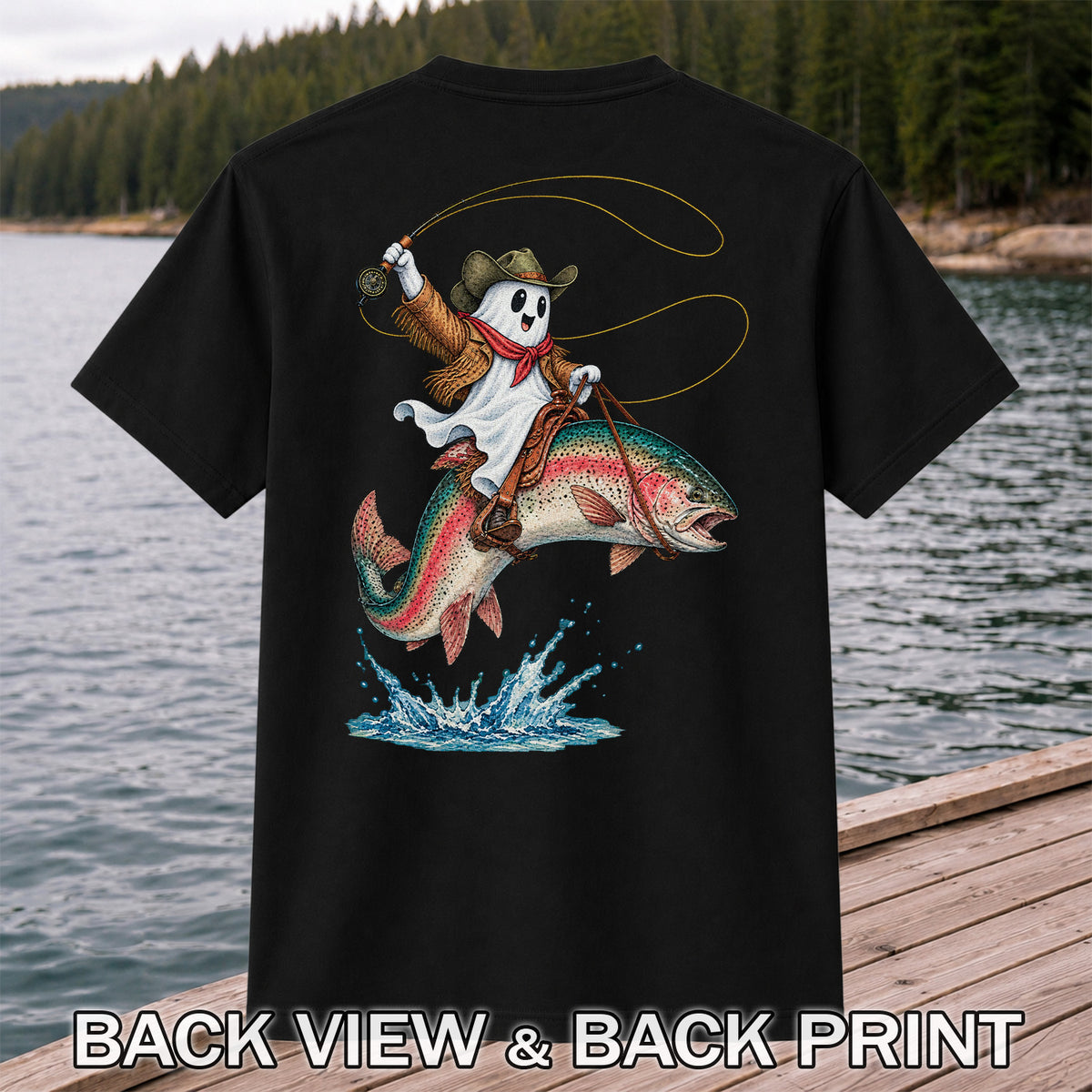 Ghost Cowboy Riding a Rainbow Trout Halloween Fishing T-Shirt | Back Print