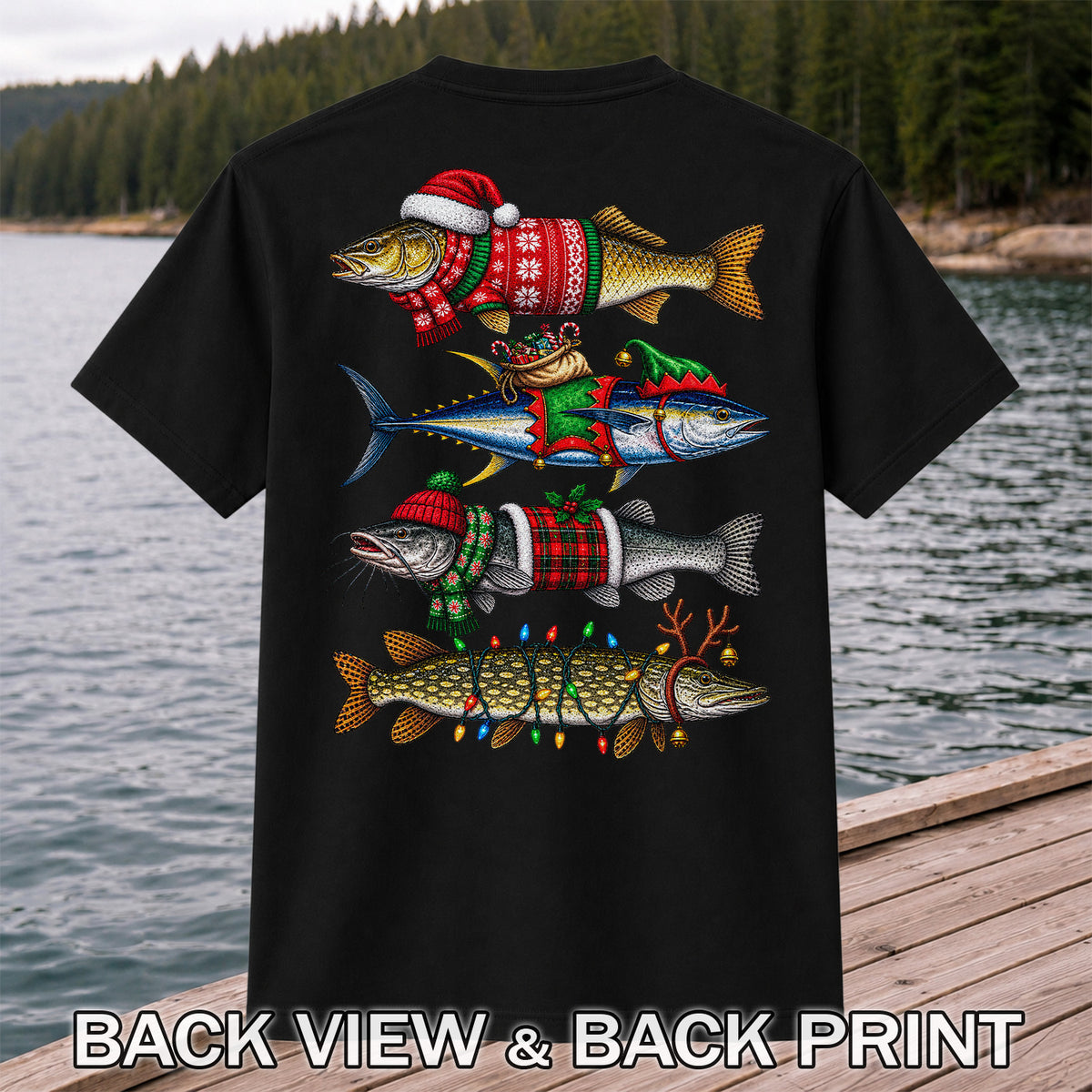 Christmas Fish in Festive Sweaters Fishing Graphic T-Shirt | Back Print